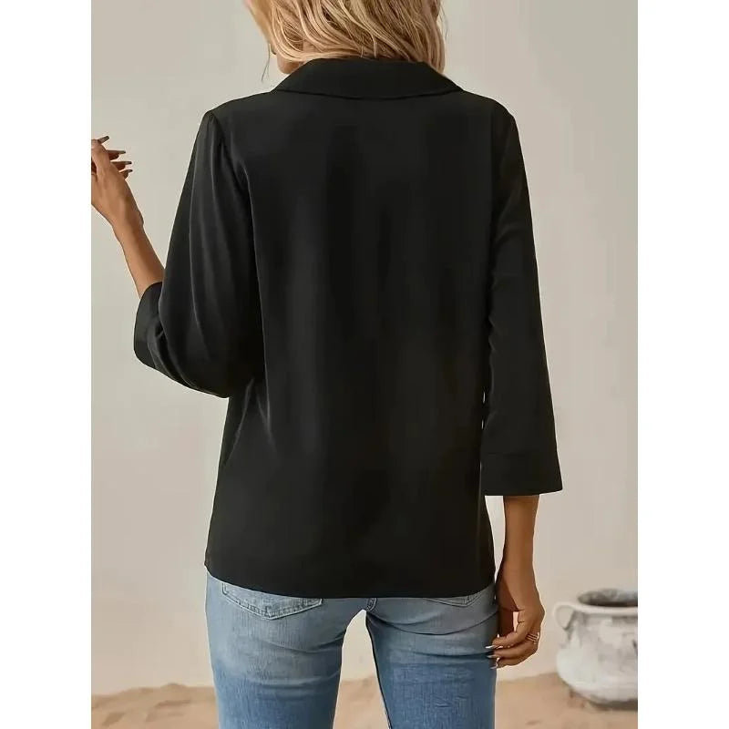 Spring and Autumn Plus Size Solid Collared Blouse Elegant 3/4 Sleeve