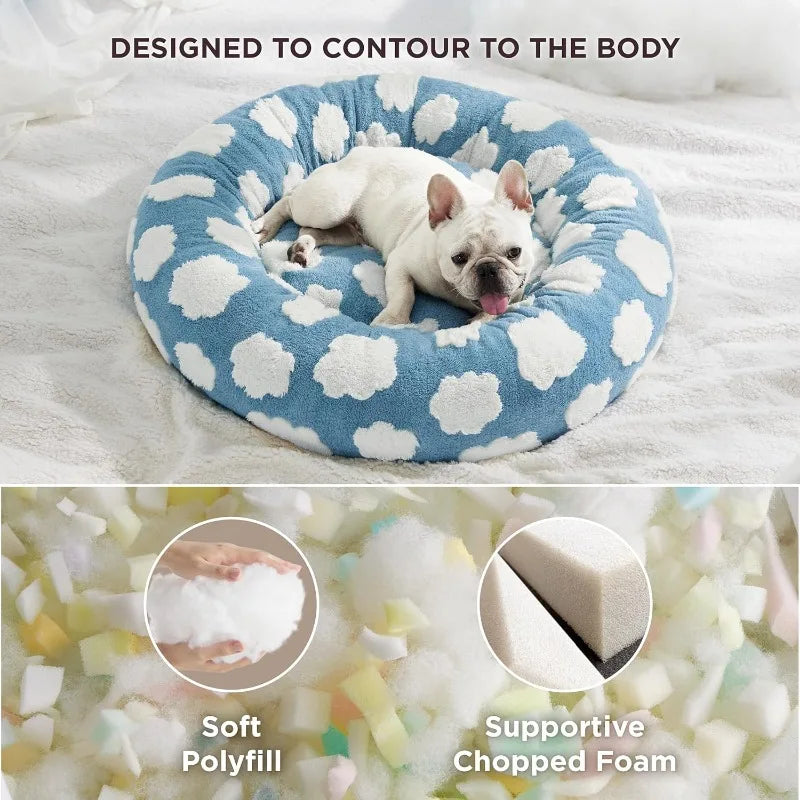 Donut Small Dog Bed - Round Cat Beds for Indoor Cats Calming Pet Beds, Cute Modern Beds with Jacquard Shaggy Plush & Anti Slip