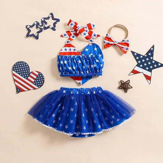 3-Piece Baby Boys Set American Flag Star Pattern Sleeveless Romper Shorts Hat Independence Day Outfits for Infants