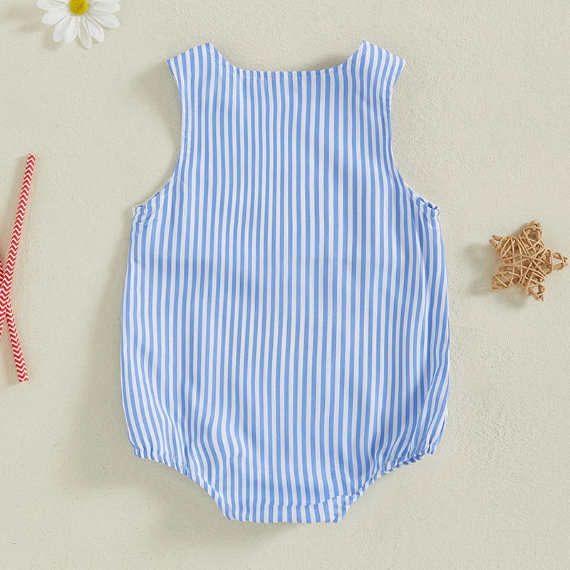 Infant Boy Independence Day Striped Romper Overalls with Sleeveless Round Neck and USA Flag Embroidery - Patriotic Jumpsuit for