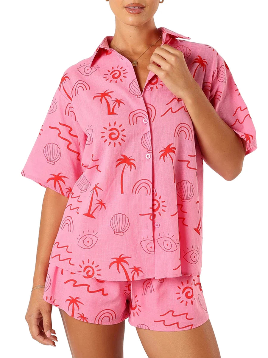 Women’s 2 Piece Lounge Set Short Sleeve Lapel Button Up Tops