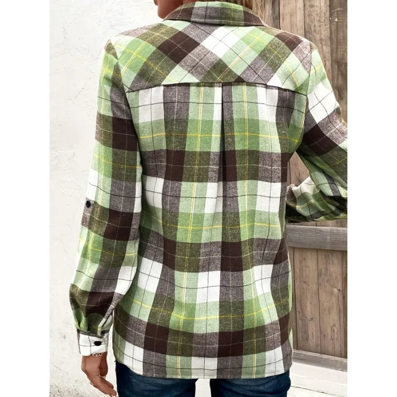Plus Size Women's Plaid Long Sleeve Blouse for Spring Fashion