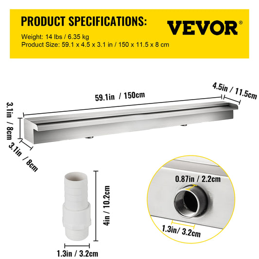 VEVOR Pool Fountain Outdoor Pools Waterfall Spillway with Pipe Connector Stainless Steel Rectangular Pool Fountains Garden Pond
