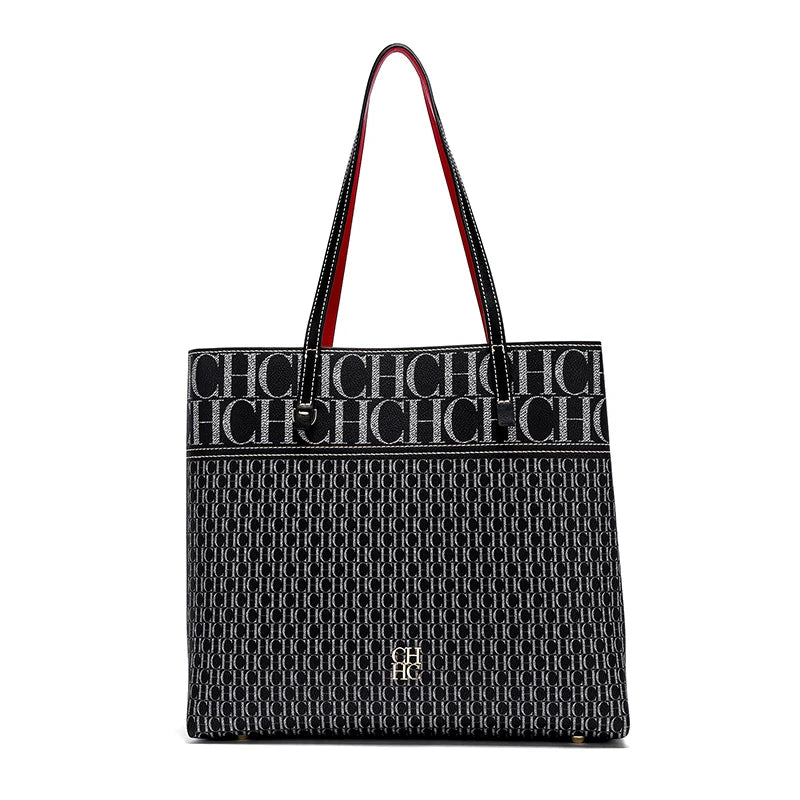 CH Letter Logo Leather Shoulder Bag Brand Women's Bag Large Capacity Resistant Elegant Fashion Casual with Base